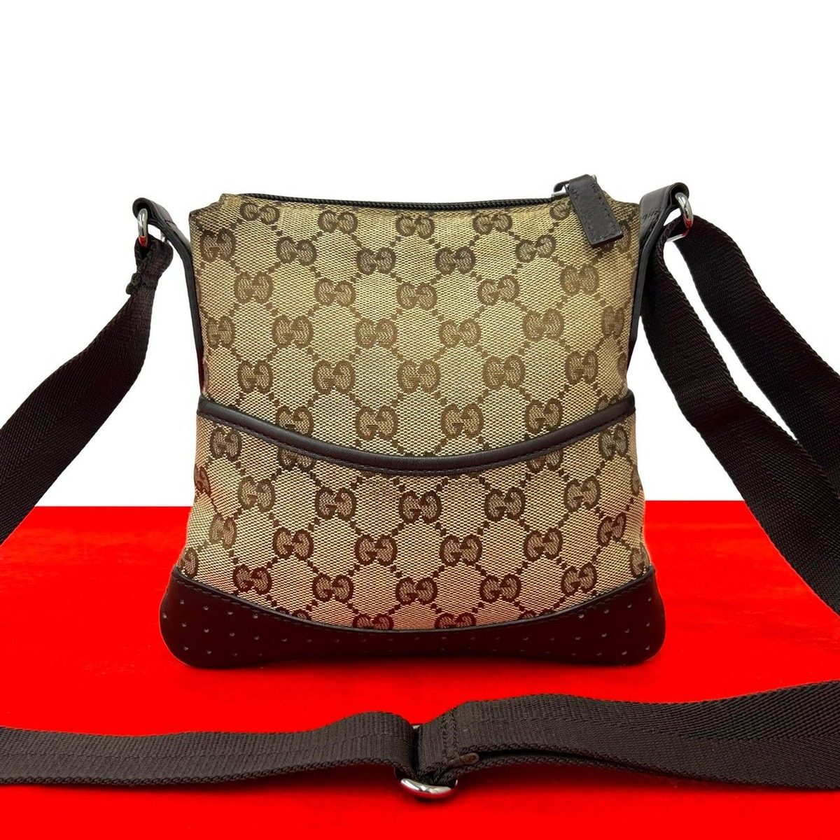 Gucci GG Logo Canvas Perforated Leather Mini Shoulder Bag Pochette Crossbody