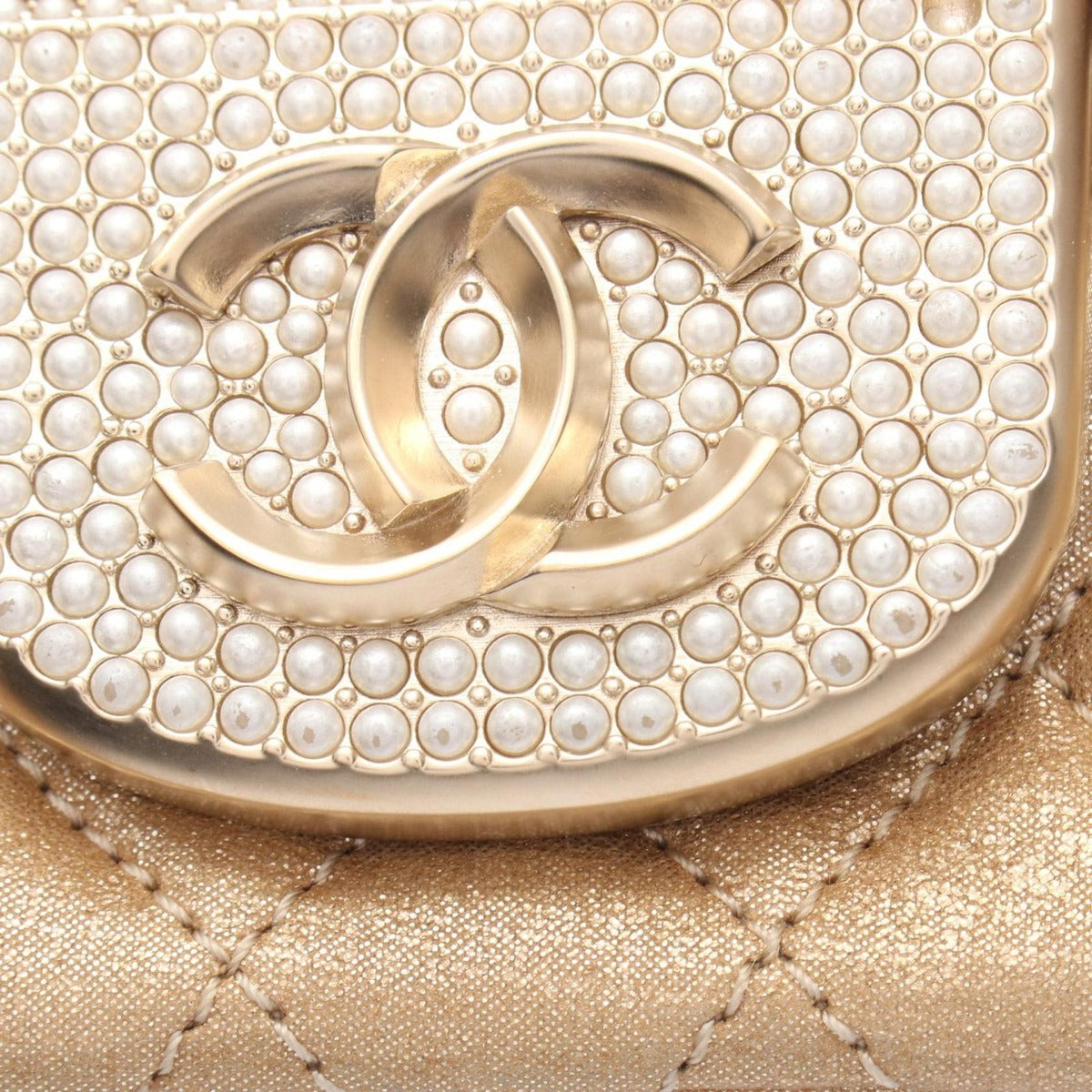 Chanel Shoulder Bag Quilted Metallic Gold Fabric Lambskin Chain — view 7