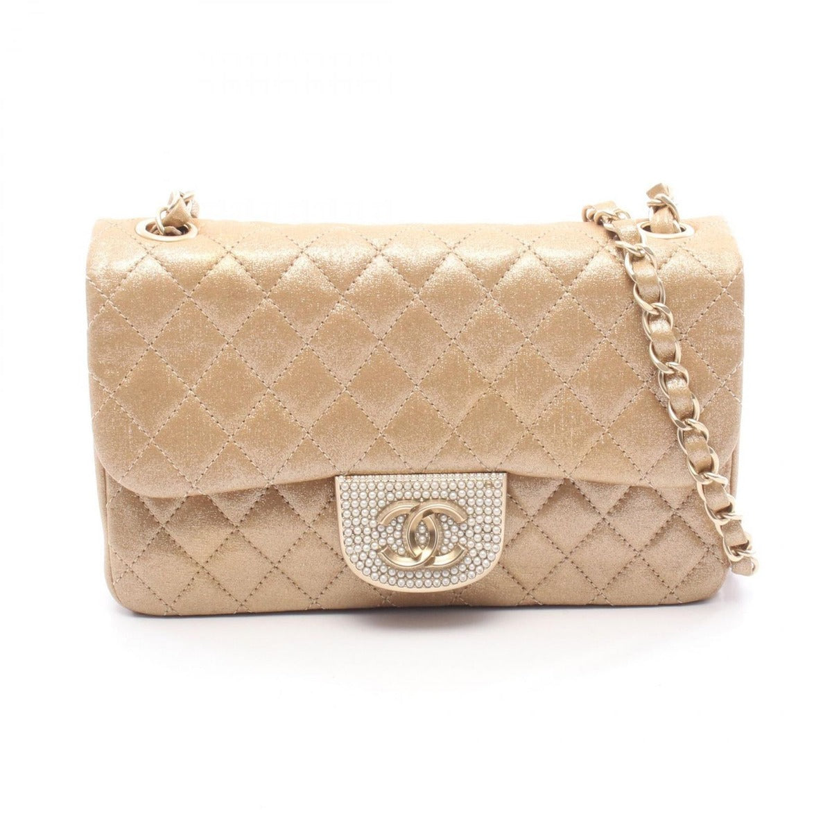 Chanel Shoulder Bag Quilted Metallic Gold Fabric Lambskin Chain