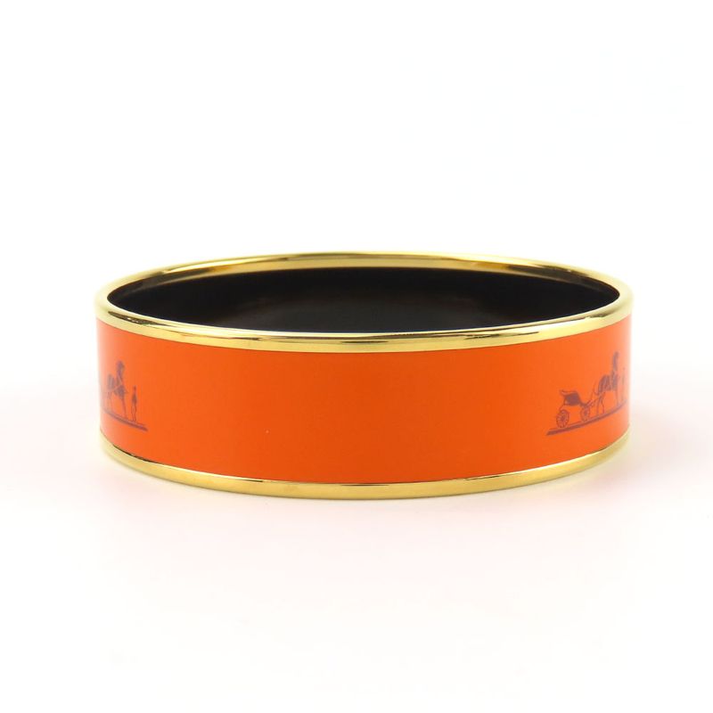 Hermes Bangle Emile GM Metal Cloisonne Orange Carved Gold Hardware Bracelet — view 6