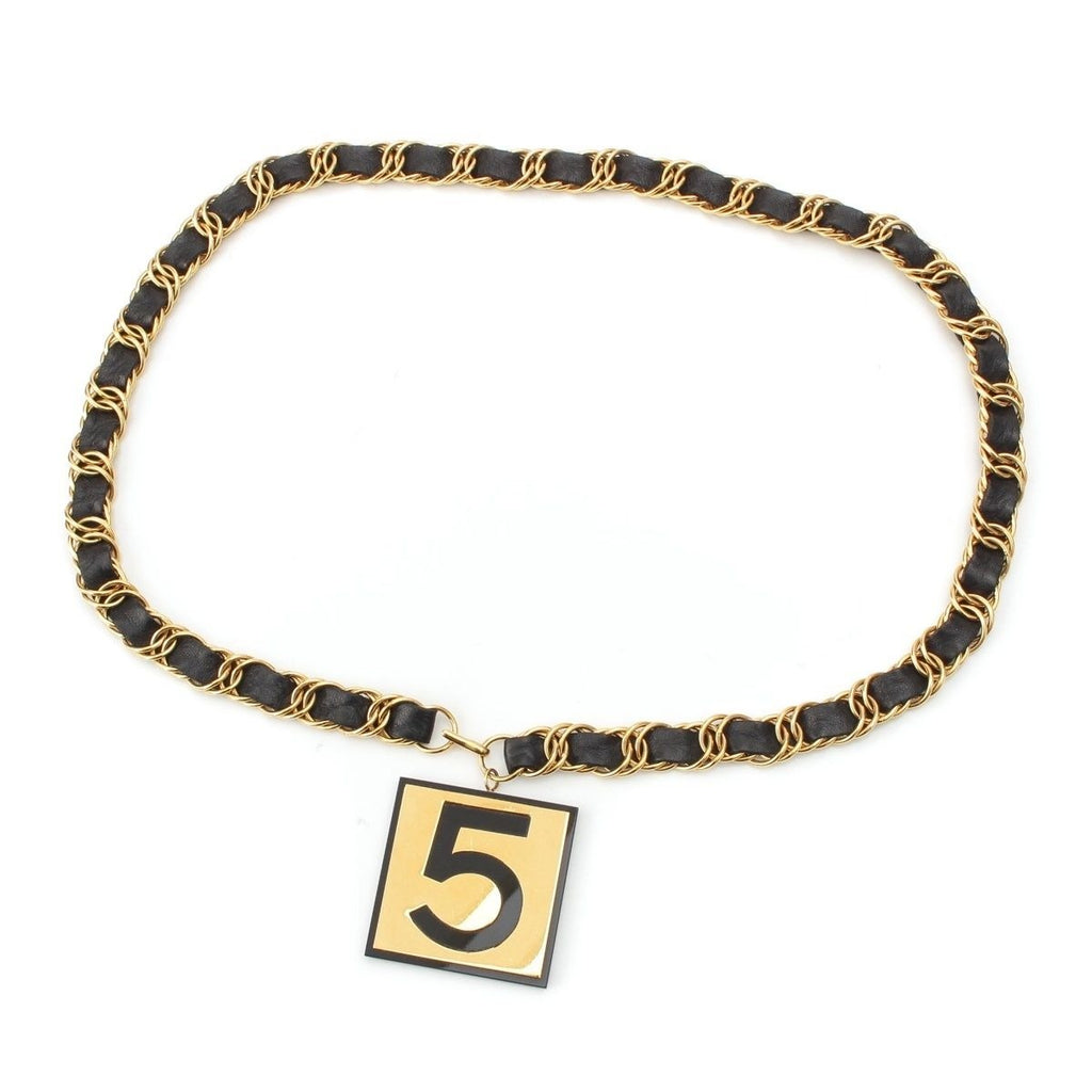Chanel Leather Gold Plated No.5 Number Five Big Plate Chain Belt Black