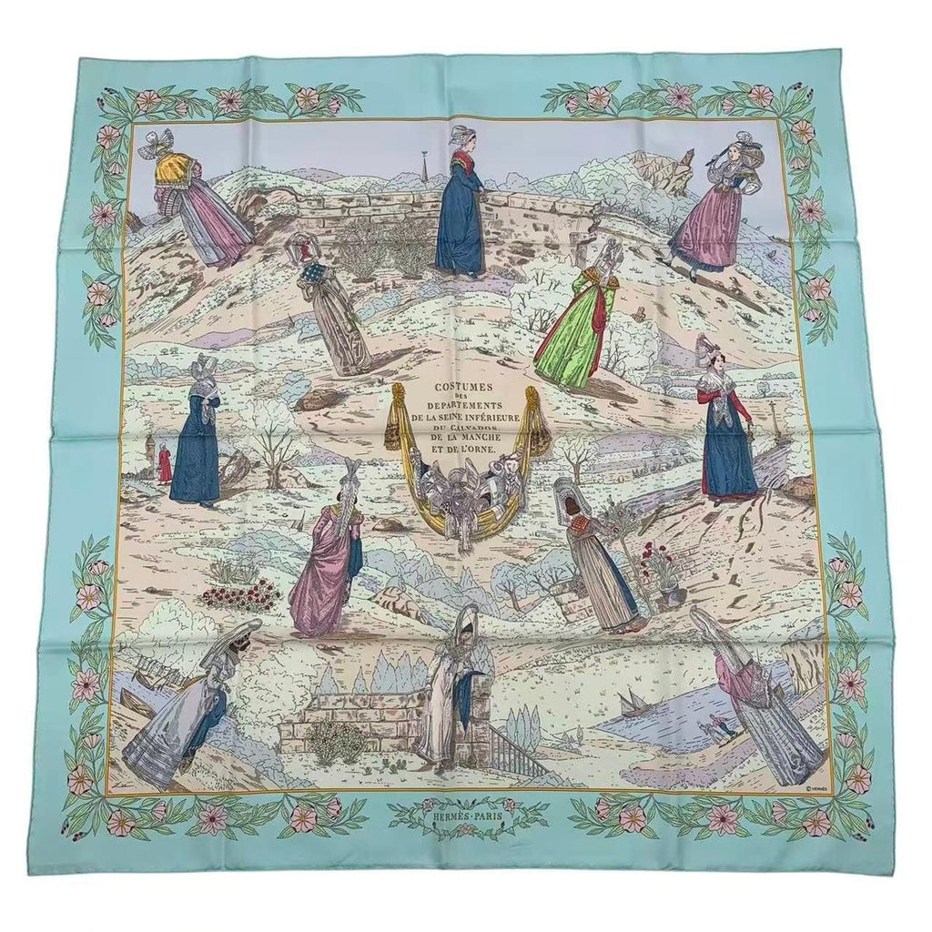 Hermes Carre 90 Scarf Silk Costumes Normandy Folk Costume Green Box — view 2