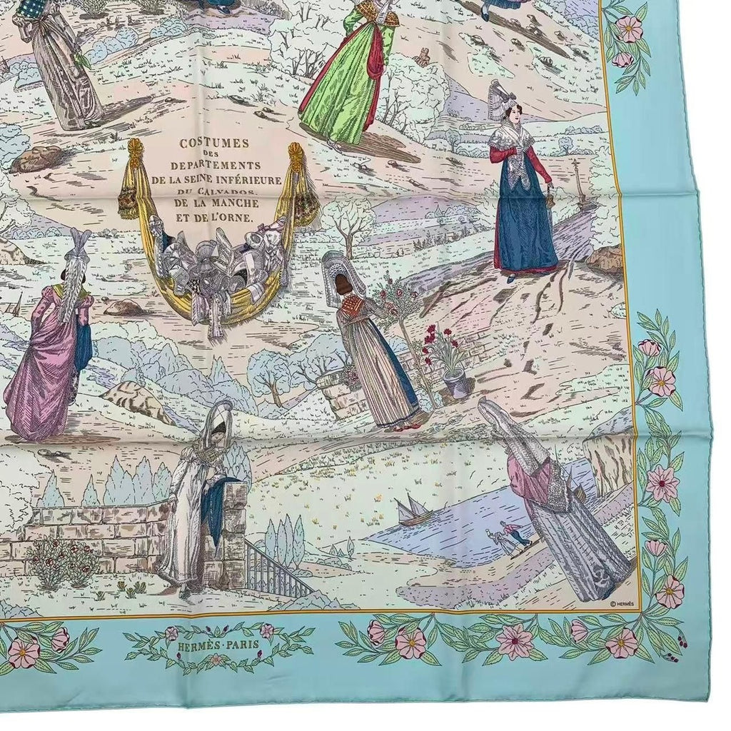 Hermes Carre 90 Scarf Silk Costumes Normandy Folk Costume Green Box — view 6