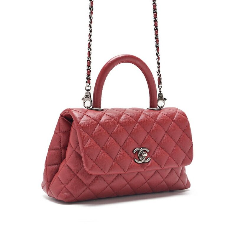 Chanel Quilted Coco Handle 2-Way Handbag Caviar Leather Red With Silver Hardware — view 3
