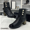 Chanel Leather Coco Mark Pearl Wrinkled Lace Up Short Boots