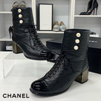 Chanel Leather Coco Mark Pearl Wrinkled Lace Up Short Boots