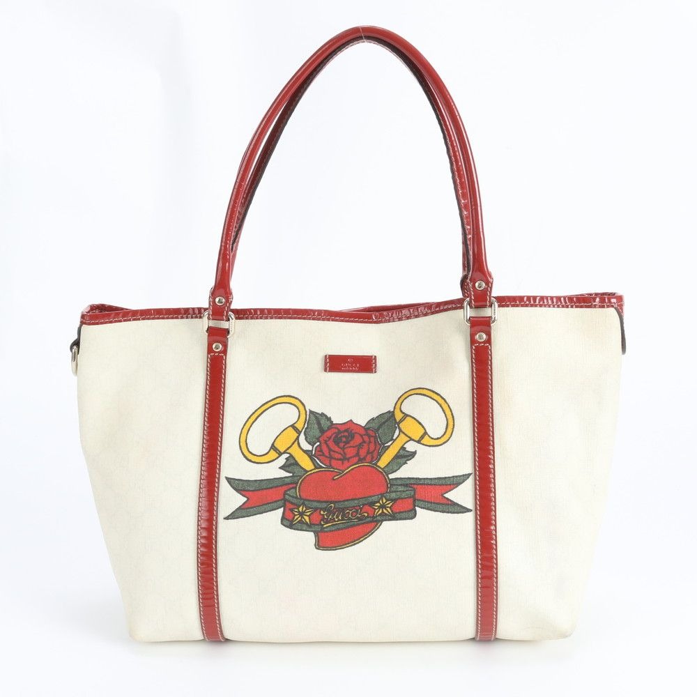 Gucci GG Supreme Tattoo Heart Leather Tote Shoulder Off-white X Red