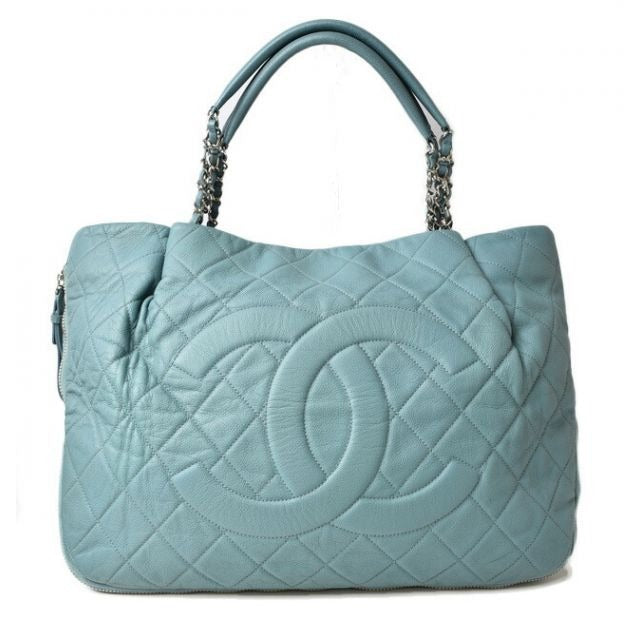 Chanel Tote Bag 2-Way Chain Quilted Stitching Light Blue