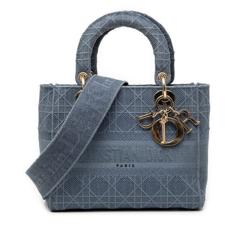 Dior Cannage Lady D-lite 2-Way Shoulder Bag Blue Canvas