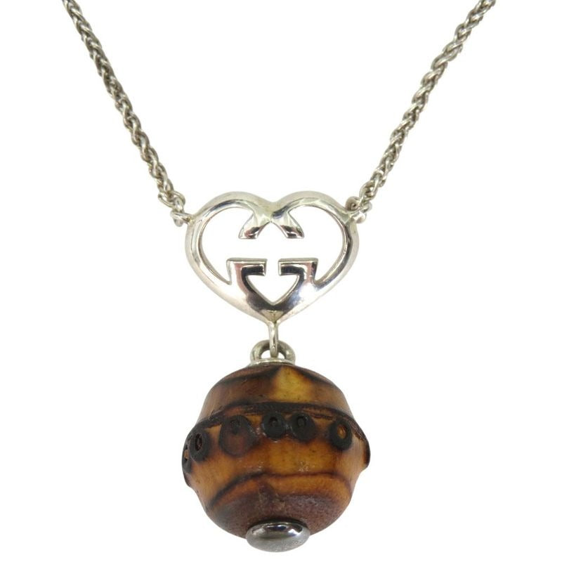 Gucci Interlocking G Heart Pendant Necklace Silver 925 Wooden Bamboo 0530