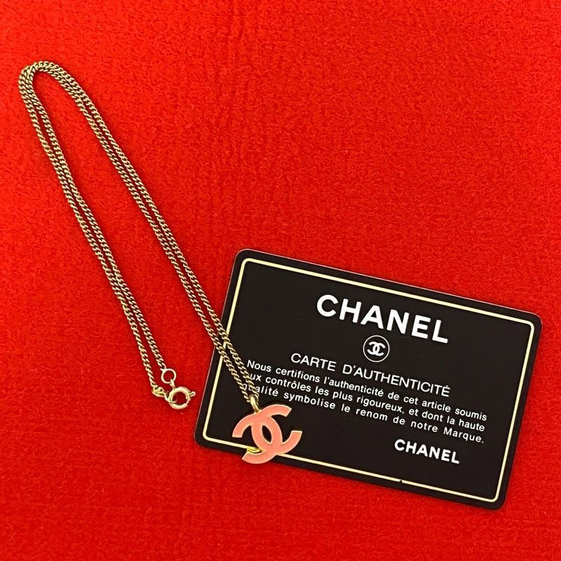 Chanel Vintage Coco Mark GP Necklace Pendant Choker Gold Pink 01A