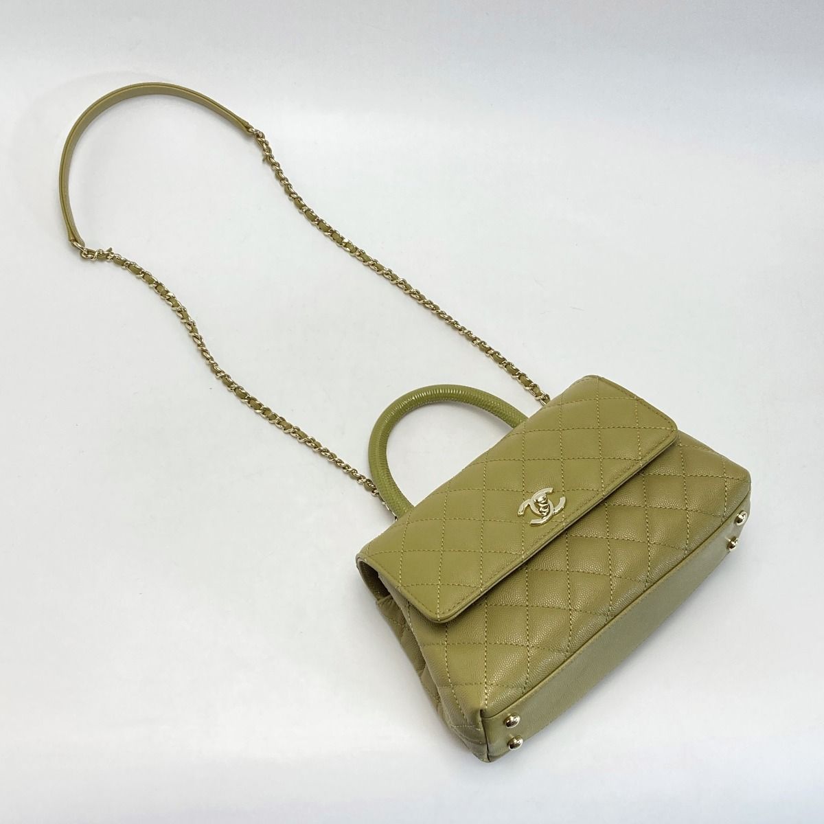 Chanel Quilted Coco Handle XS Handbag Olive Caviar Leather Chain — view 3