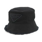 Prada Bucket Hat Fringe Triangle Logo Cotton M Black