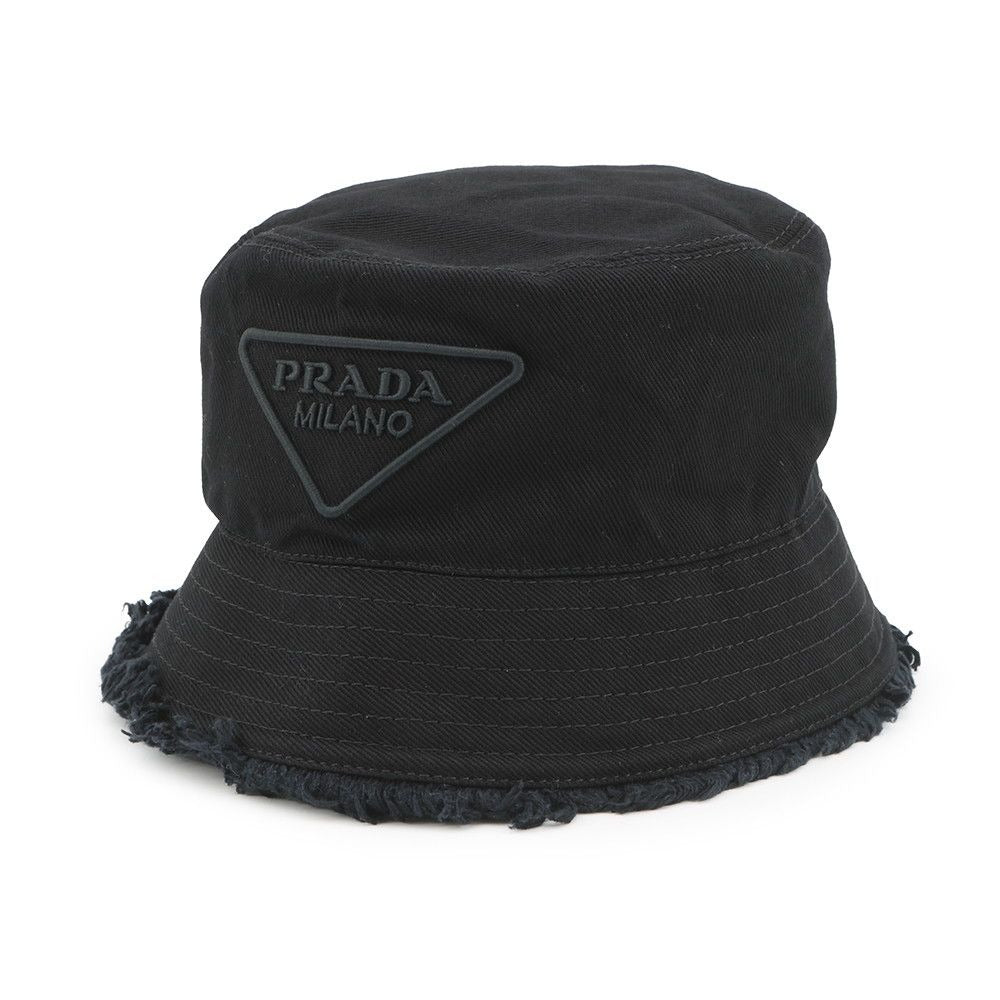 Prada Bucket Hat Fringe Triangle Logo Cotton M Black