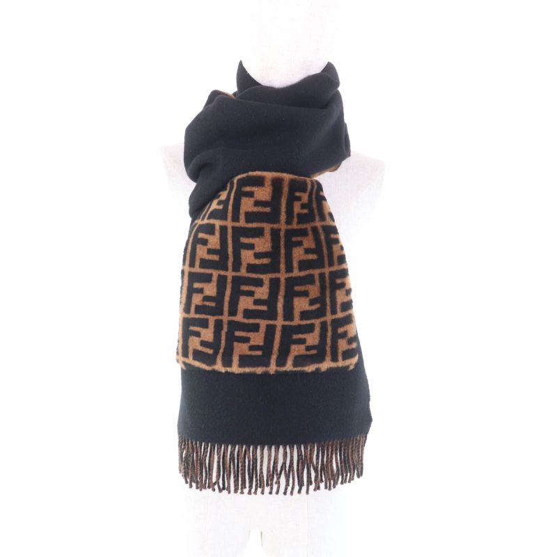 Fendi Fxt252 Cashmere Blend Zucca Pattern Fringe Scarf With Fur Pocket Stole — view 6