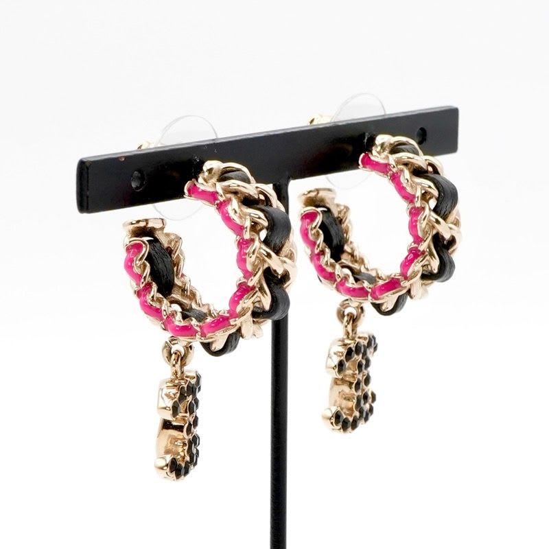 Chanel Earrings Gold Black Pink Coco Mark Hoop — view 9