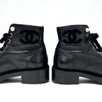 Chanel Boots Short Shoes Leather Velor Black Coco Mark Pearl Lace Up — view 9