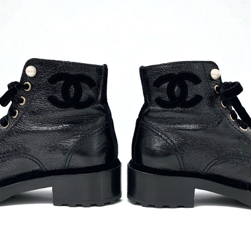 Chanel Boots Short Shoes Leather Velor Black Coco Mark Pearl Lace Up — view 9