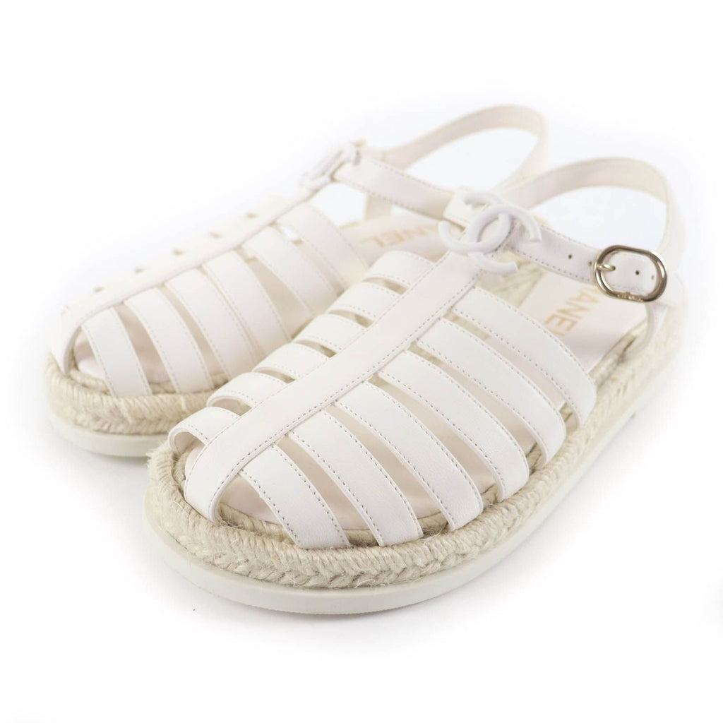 Chanel CC Logo Espadrilles Leather Gurkha Sandals White 36 Boxes Storag