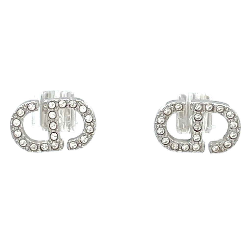 Dior CD Stud Metal Color Stone Clear Silver Earrings