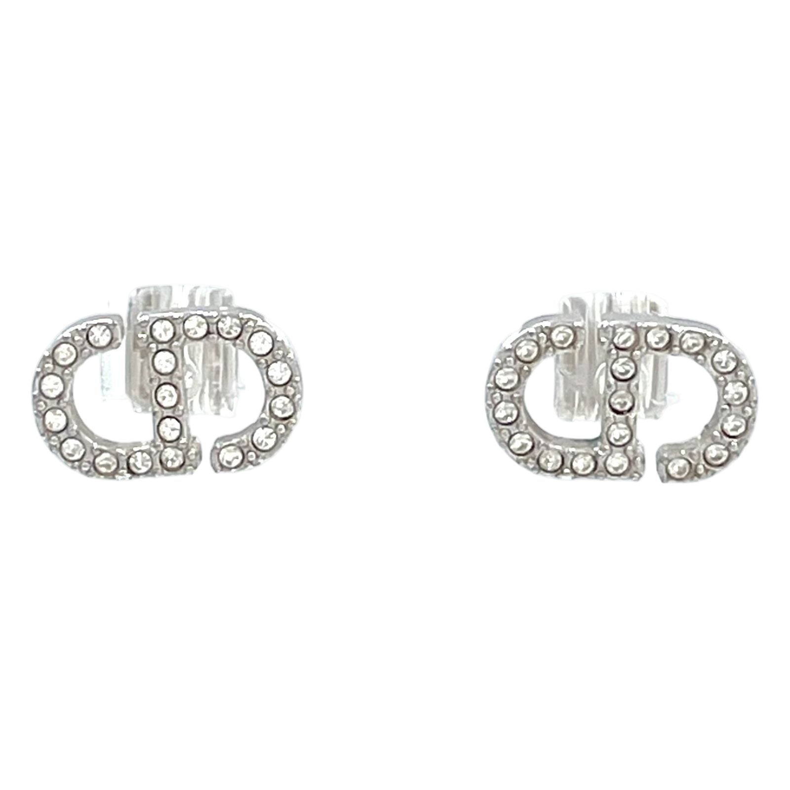 Dior CD Stud Metal Color Stone Clear Silver Earrings