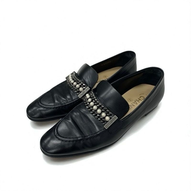 Chanel Loafer Leather Shoes Black Coco Mark Pearl Chain Flat
