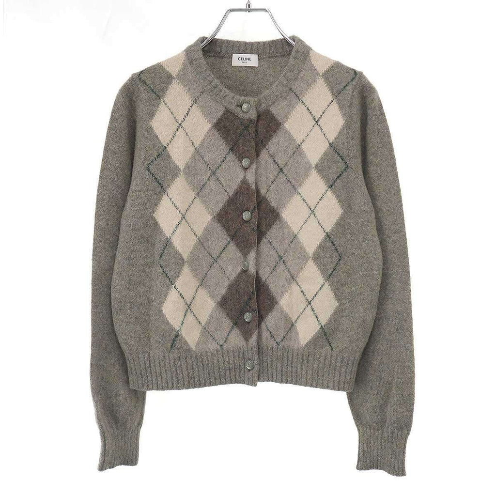 Celine Alpaca Cowl Argyle Car Digan Beige Shoulder Bag