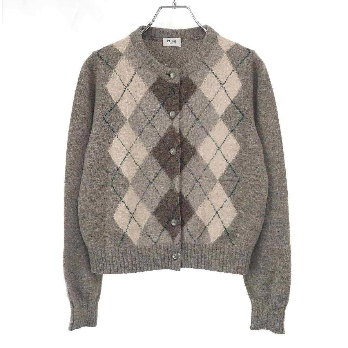 Celine Alpaca Cowl Argyle Car Digan Beige Shoulder Bag