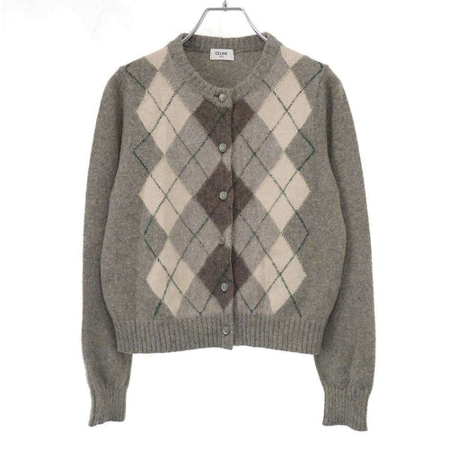 Celine Alpaca Cowl Argyle Car Digan Beige Shoulder Bag