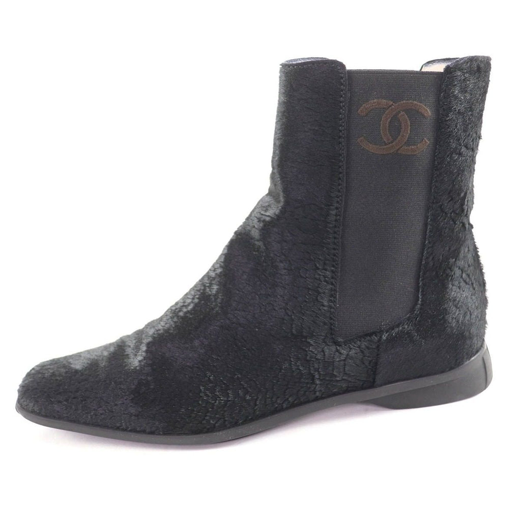 Chanel Vintage CC Logo Embroidery Square Toe Calf Hair Side Gore Boots Black 37 — view 5