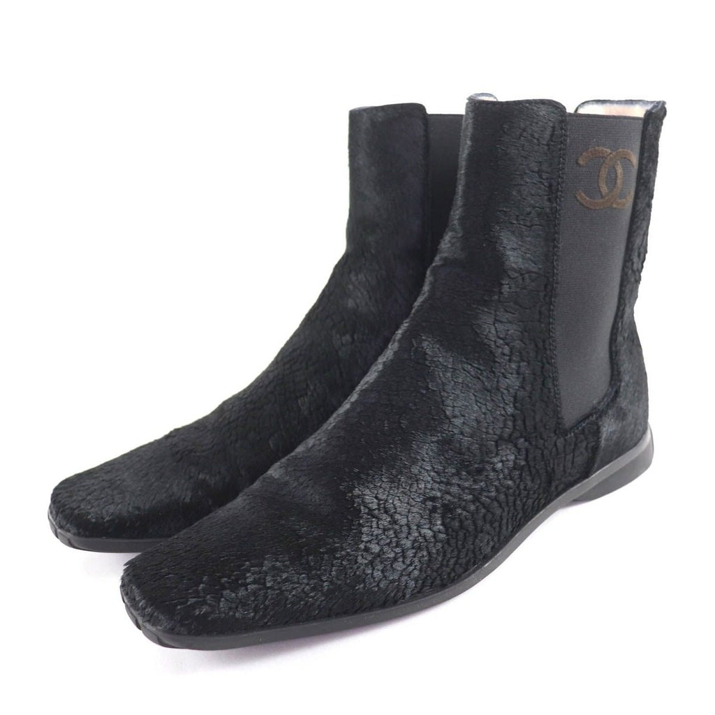 Chanel Vintage CC Logo Embroidery Square Toe Calf Hair Side Gore Boots Black 37