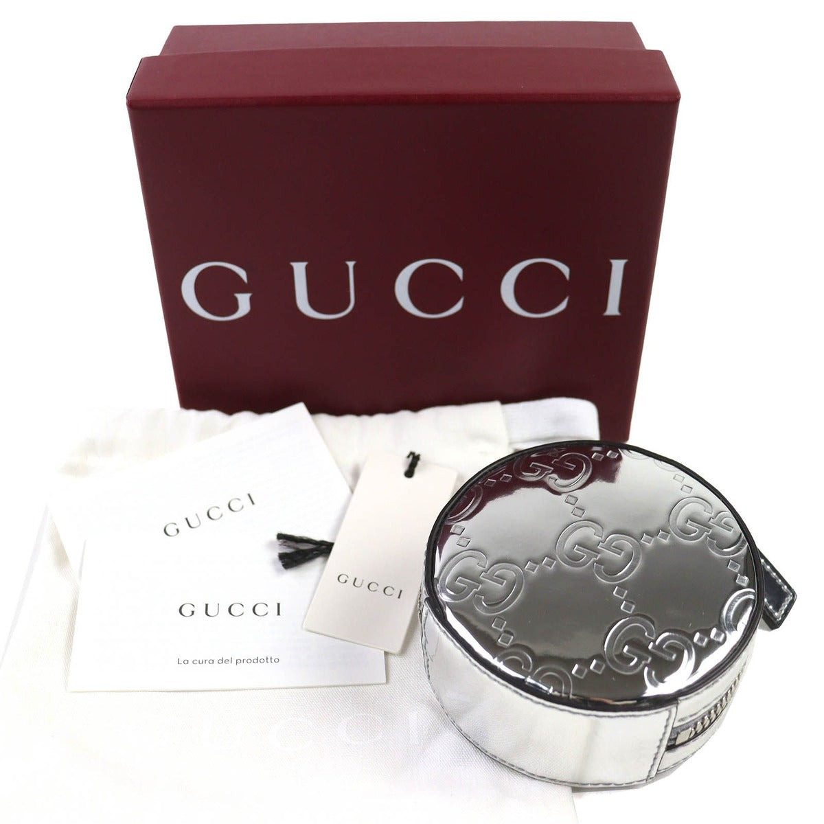 Gucci GG Pattern Patent Leather Round Pouch Silver — view 2
