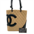 Chanel Cambon Quilted Leather CC Logo Hand Bag Beige Black Bag