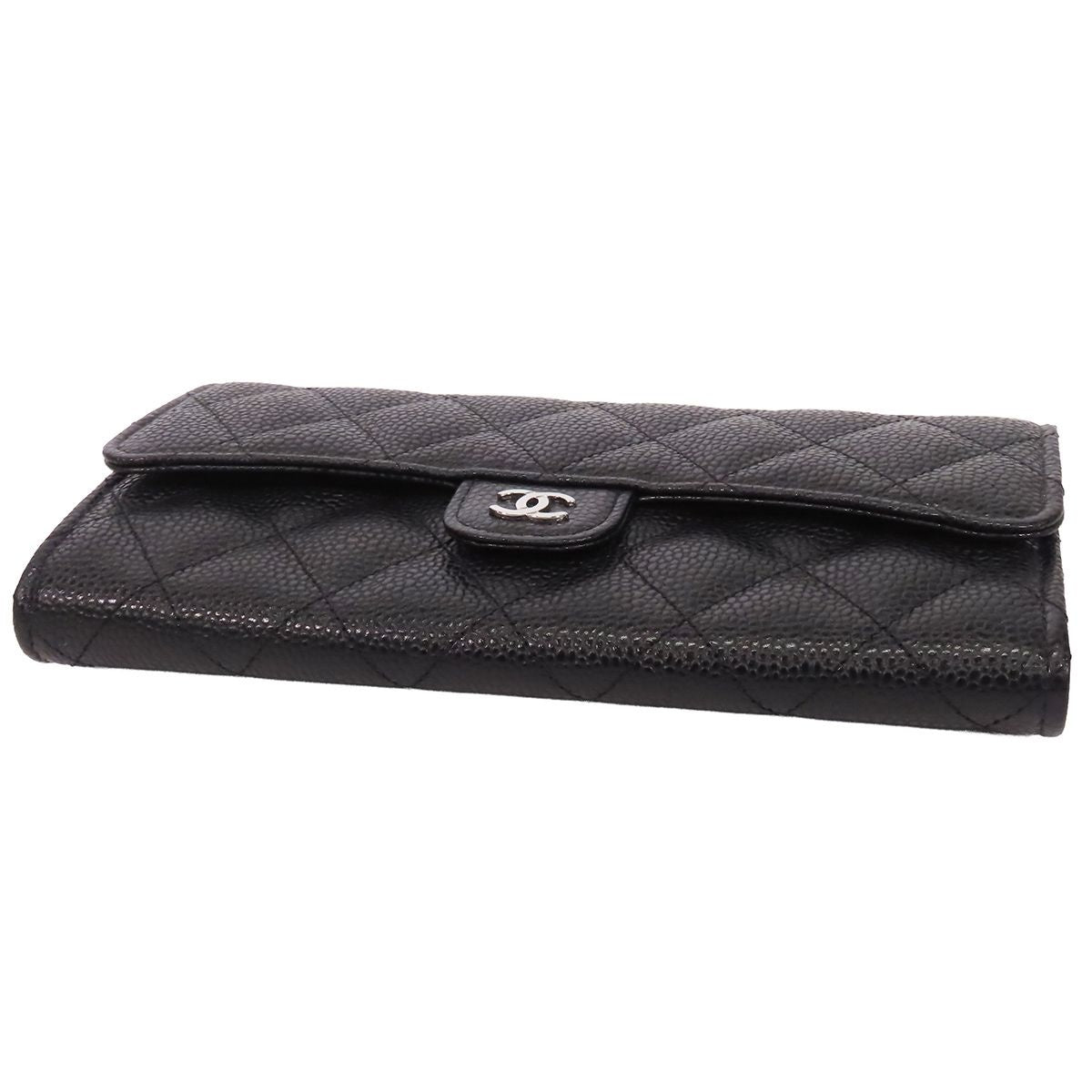 Chanel Classic Long Flap Wallet Black Silver Caviar Leather Quilted — view 3