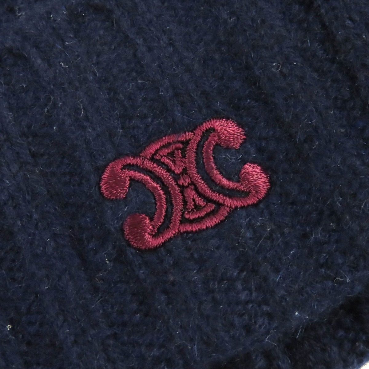 Celine Cashmere Triomphe Embroidery Cable Knit Beanie Cap Navy Sweater — view 6