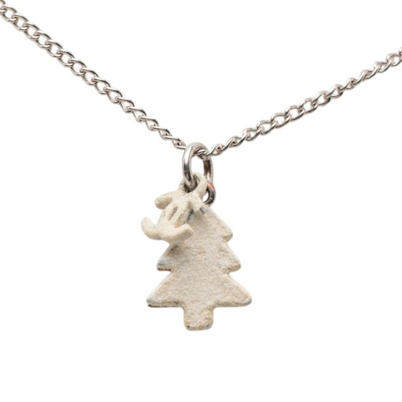 Chanel CC Logo Christmas Tree Motif Necklace Silver White Metal