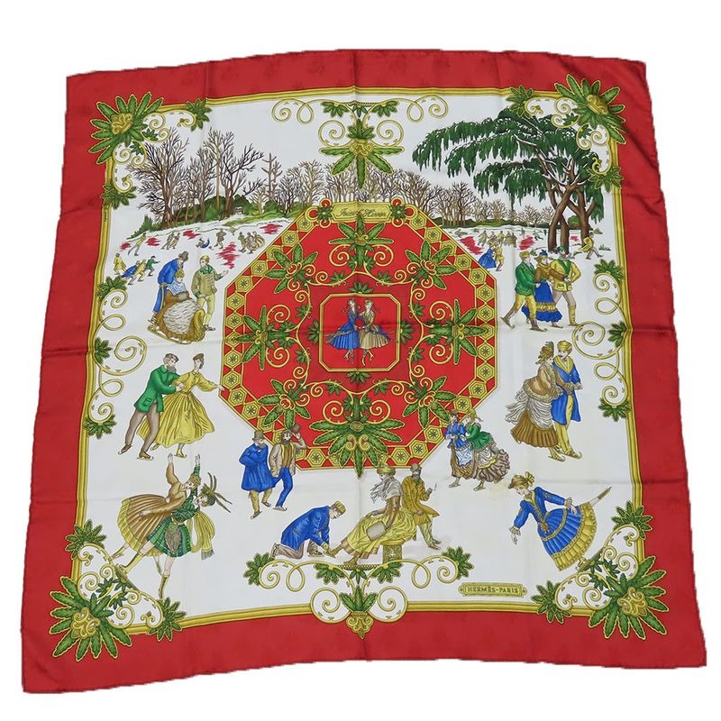 Hermes Scarf Carre 90 Joies D'hiver Winter Pleasures Silk Red Ivory Gold Large