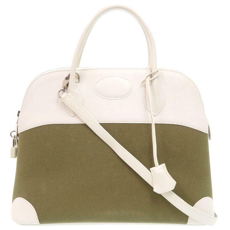Hermes Bolide 37 Toile Gibesieres Vorsluft Khaki White Handbag 1537