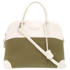 Hermes Bolide 37 Toile Gibesieres Vorsluft Khaki White Handbag 1537