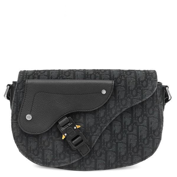 Dior Shoulder Bag Saddle Messenger Fabric Calfskin Black Silver Oblique Jacquard