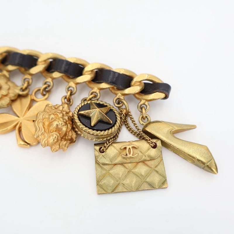Chanel Vintage Quilted Coco Mark 8 Charm Chain Brooch Gold Black Plated — view 6