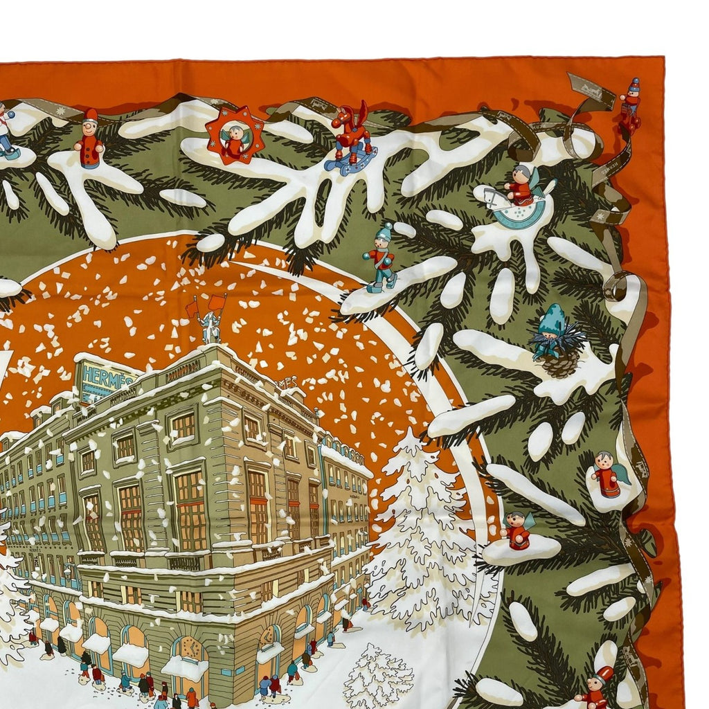 Hermes Scarf Carre 90 Silk Noel Au 24 Faubourg Christmas Orange — view 3