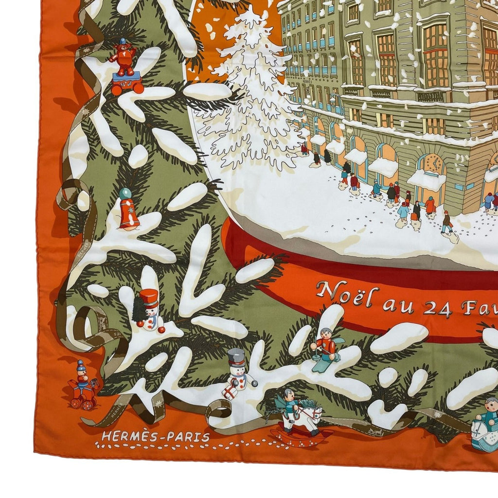 Hermes Scarf Carre 90 Silk Noel Au 24 Faubourg Christmas Orange — view 4