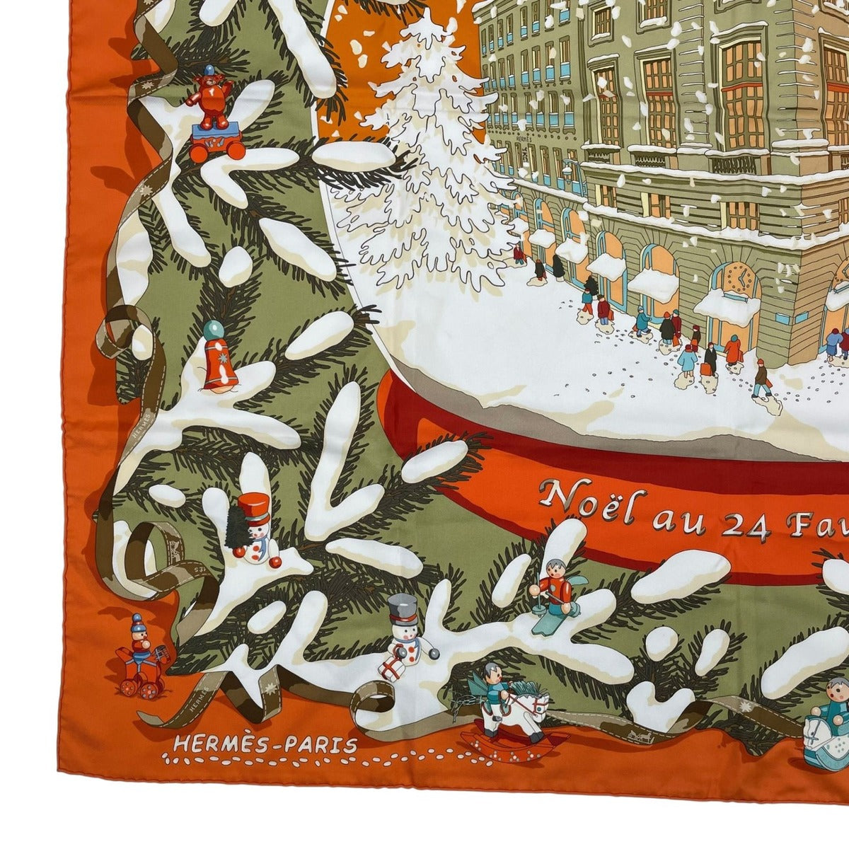 Hermes Scarf Carre 90 Silk Noel Au 24 Faubourg Christmas Orange — view 4