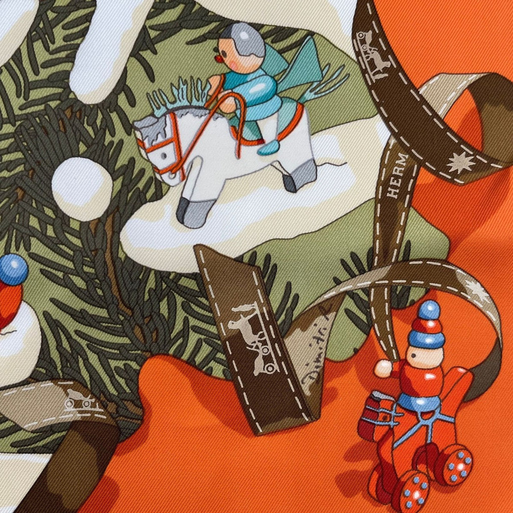 Hermes Scarf Carre 90 Silk Noel Au 24 Faubourg Christmas Orange — view 8