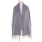 Hermes Cashmere Logo Embroidery Double Face Fringe Scarf Shawl Gray — view 3