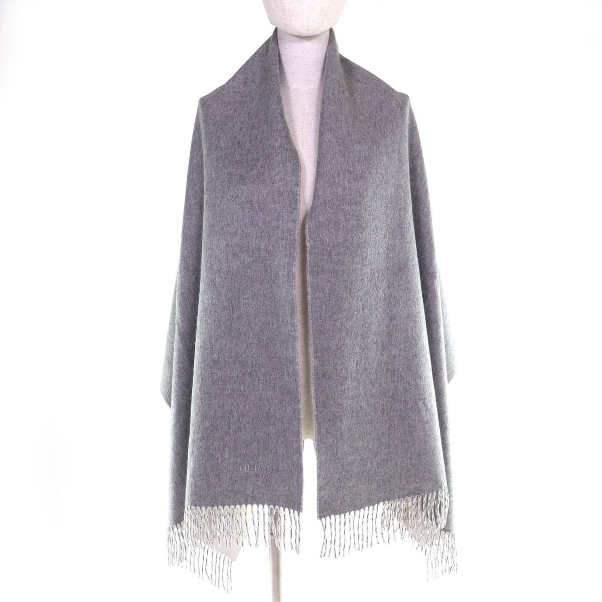 Hermes Cashmere Logo Embroidery Double Face Fringe Scarf Shawl Gray — view 3