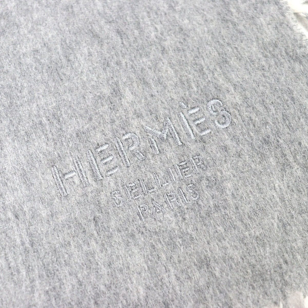 Hermes Cashmere Logo Embroidery Double Face Fringe Scarf Shawl Gray — view 6