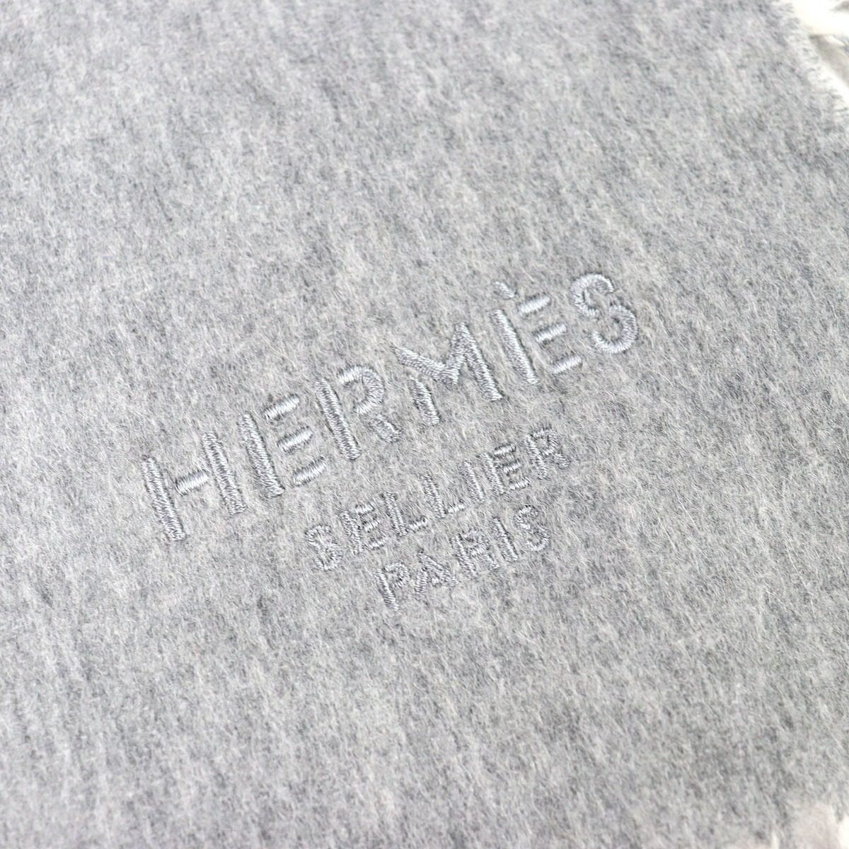 Hermes Cashmere Logo Embroidery Double Face Fringe Scarf Shawl Gray — view 6