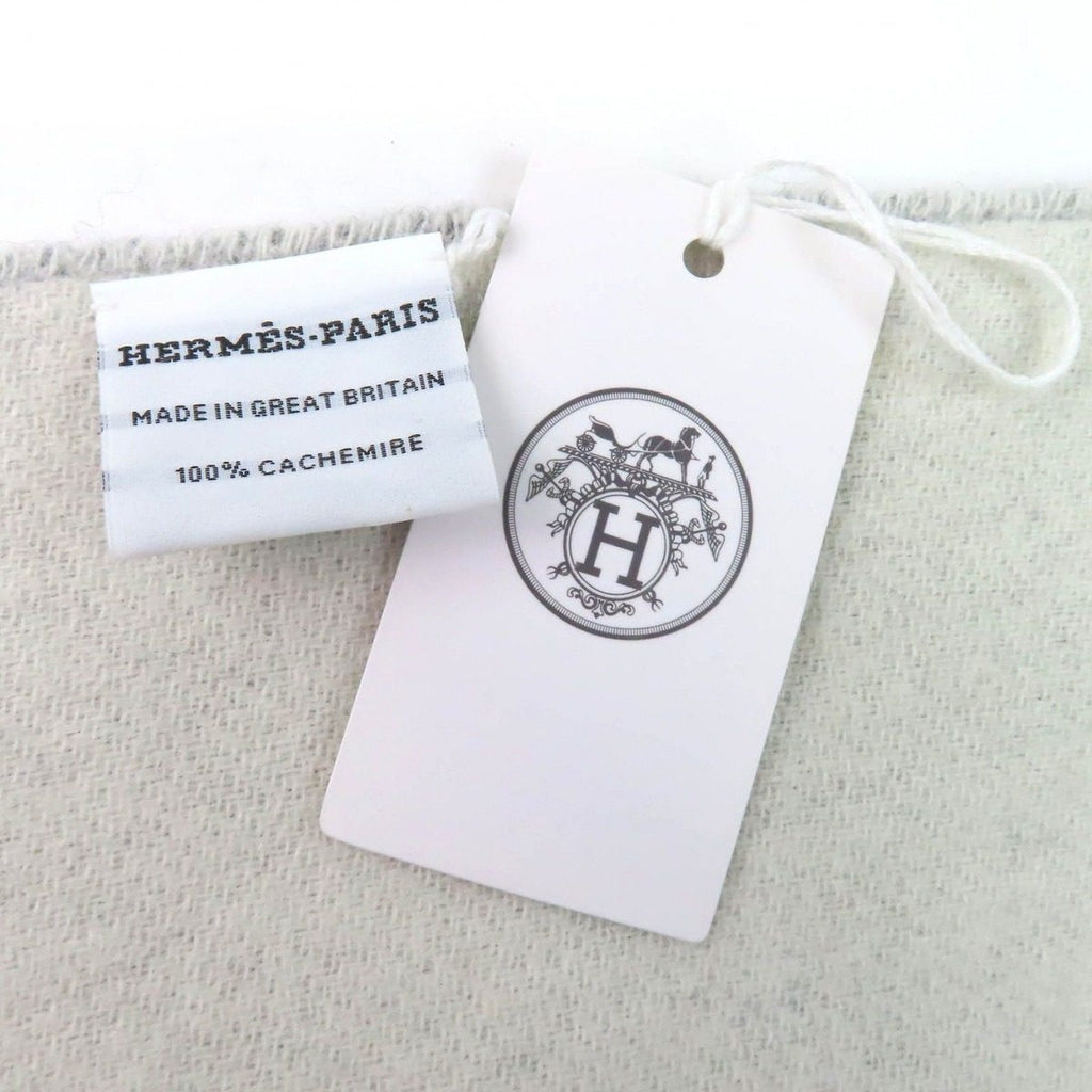 Hermes Cashmere Logo Embroidery Double Face Fringe Scarf Shawl Gray — view 7